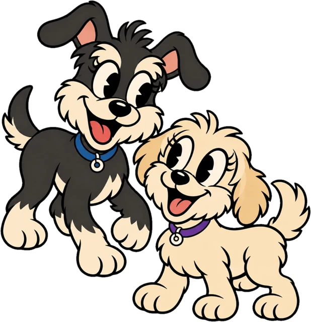 Cartoon of my two dogs: Kylie, a scruffy black-and-tan pup, and Kayc, a fluffy cream pup.