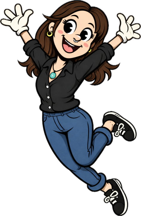 Cartoon of me jumping with both arms in the air.