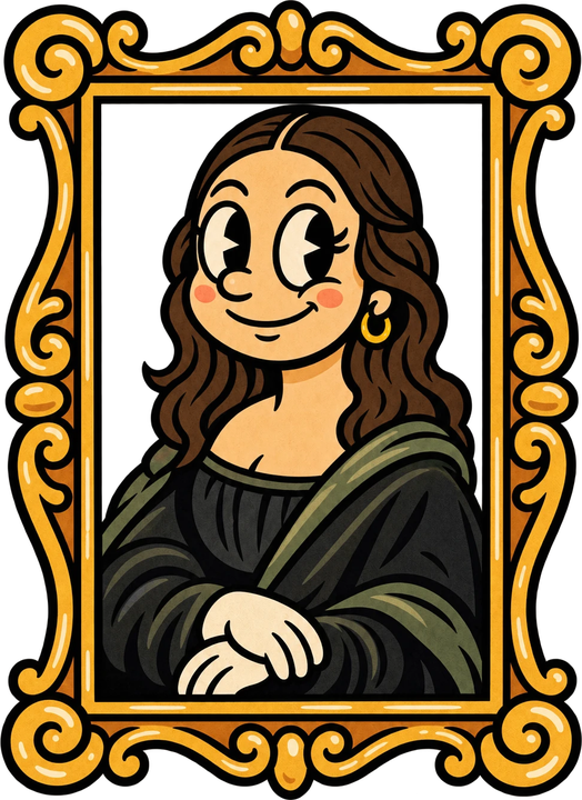 Cartoon of me posed like the Mona Lisa in an ornate gold frame.