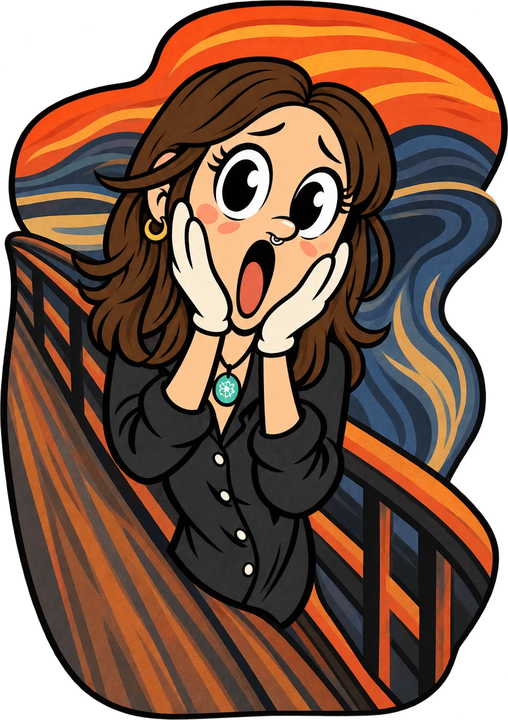 Cartoon of me as The Scream, hands on my cheeks, on a swirling orange and blue bridge.