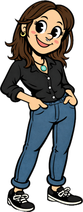 Cartoon of me standing with my hands in my pockets, smiling.